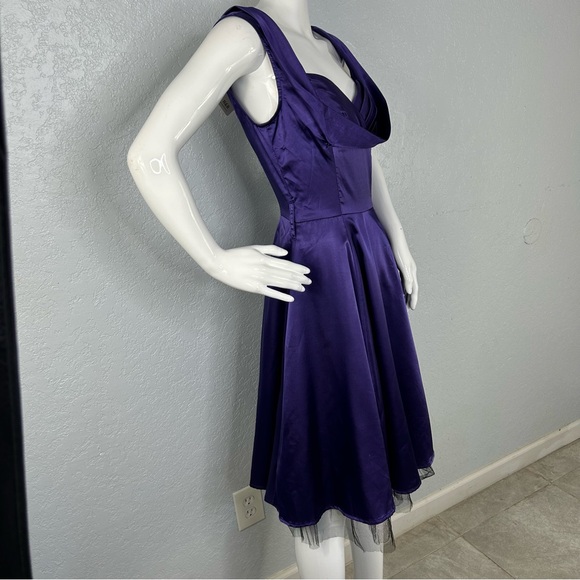 H & R London Purple Satin Retro Pin Up Style Fit Flare Tea Length Dress US 6 - Picture 7 of 15